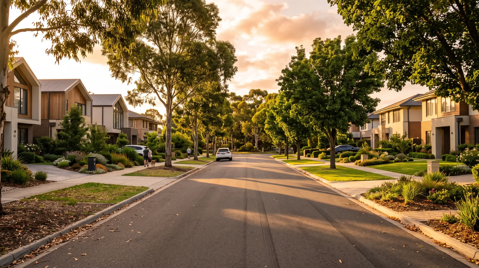 Indicative residential street at golden hour
